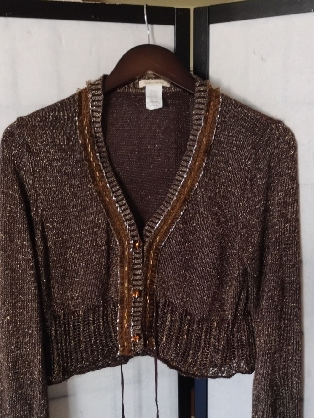Sans Souci - Cute Metallic Short Sweater with Crochet and Jellewed Buttons